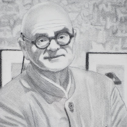 Close-up of man’s face with a neutral expression in a Contemporary portrait drawing.