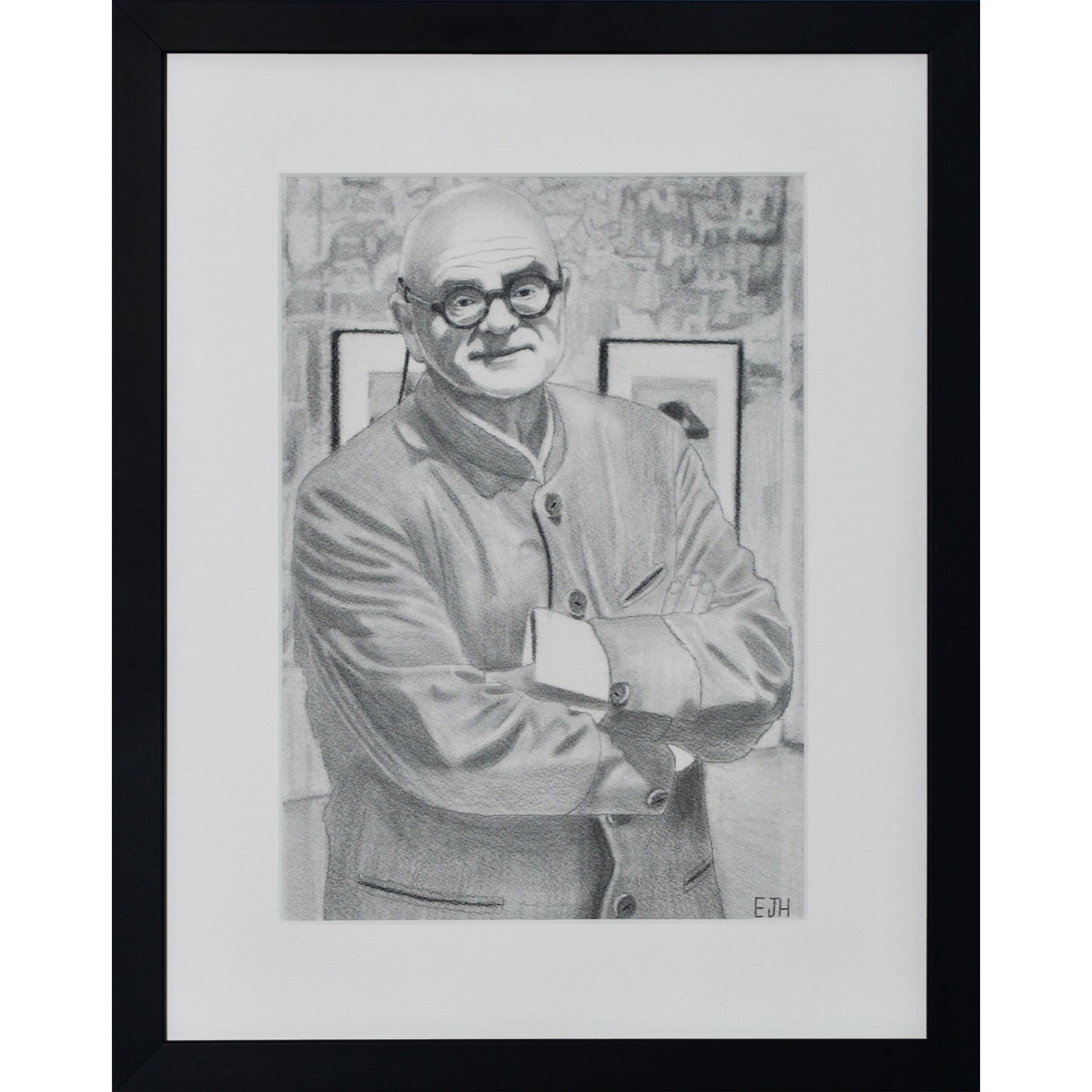 Framed portrait drawing titled 'The Art Dealer', 2025 depicting a male subject wearing glasses and a coat.