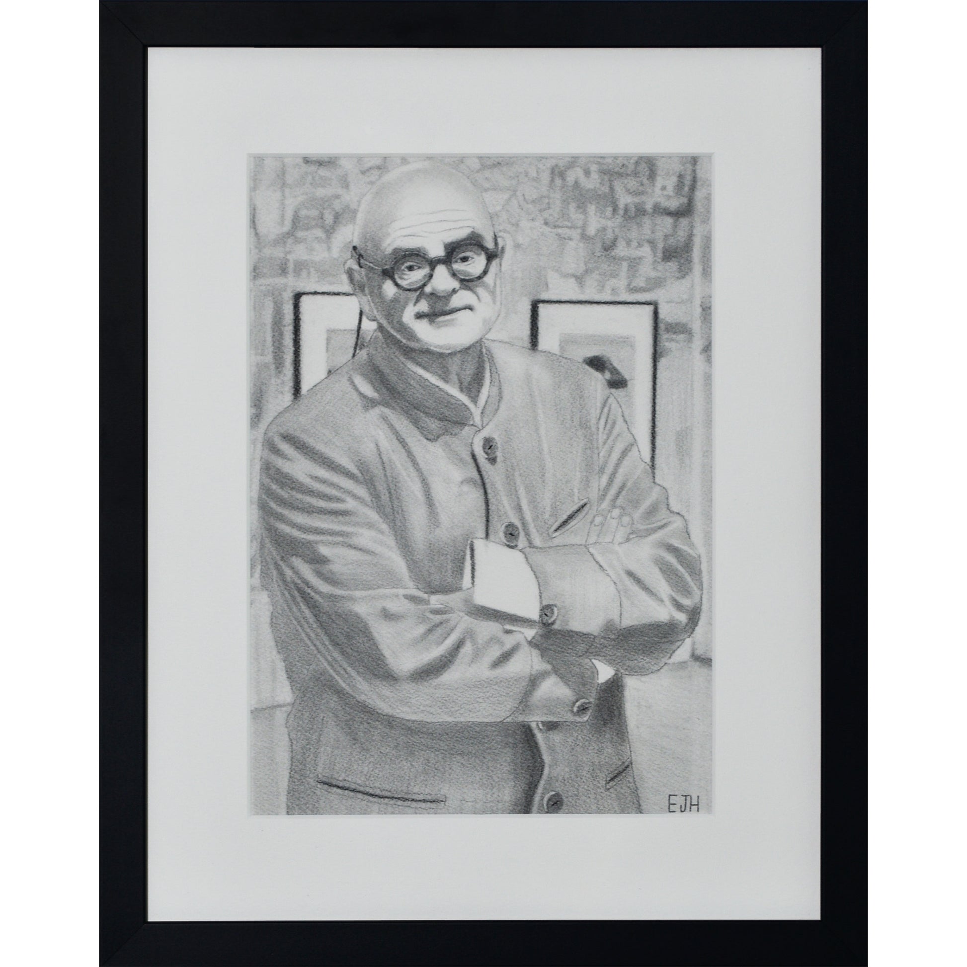 Framed portrait drawing titled 'The Art Dealer', 2025 depicting a male subject wearing glasses and a coat.