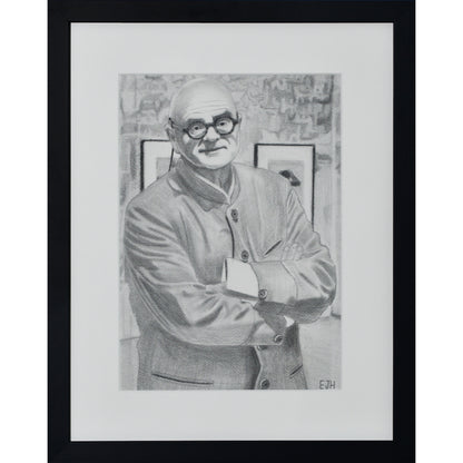 Framed portrait drawing titled 'The Art Dealer', 2025 depicting a male subject wearing glasses and a coat.