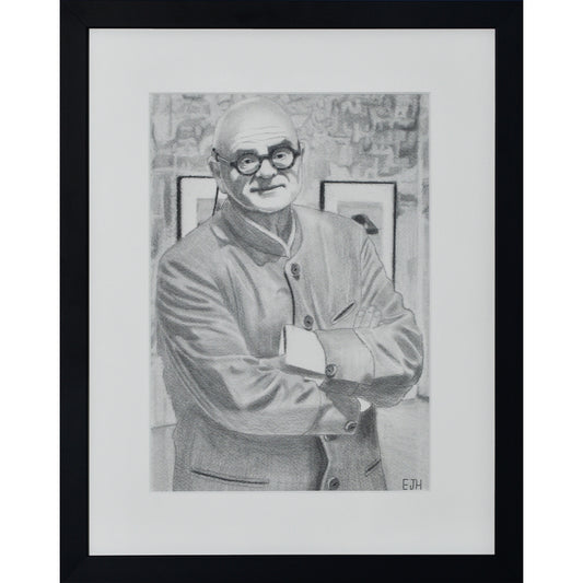 Framed portrait drawing titled 'The Art Dealer', 2025 depicting a male subject wearing glasses and a coat.