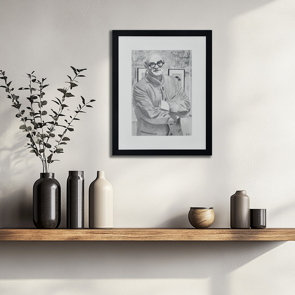 'The Art Dealer' framed portrait drawing hanging on a wall above a wooden shelf with decorative vases.