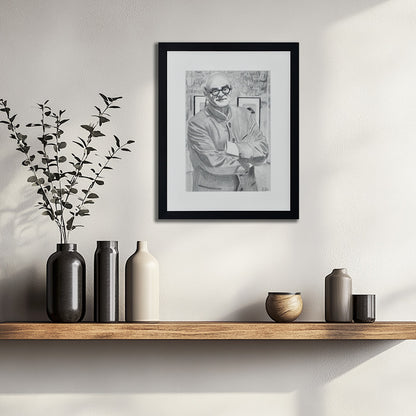 'The Art Dealer' framed portrait drawing hanging on a wall above a wooden shelf with decorative vases.