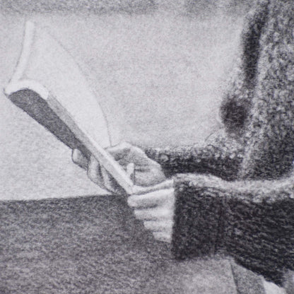Close-up of a woman holding a book with a blurred background in a Contemporary drawing.