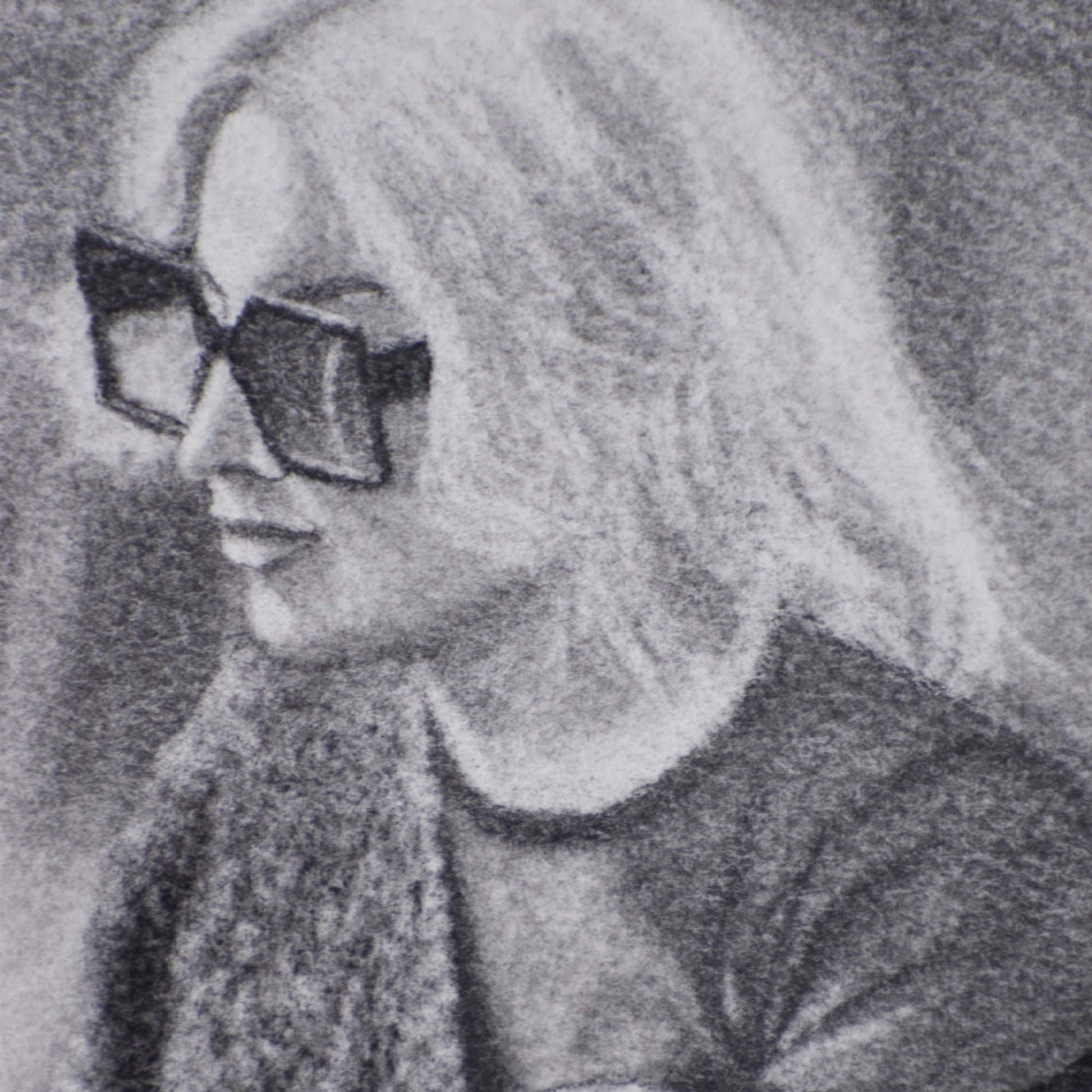 Close-up of a woman with blonde hair wearing sunglasses and a sweater in a Contemporary drawing.