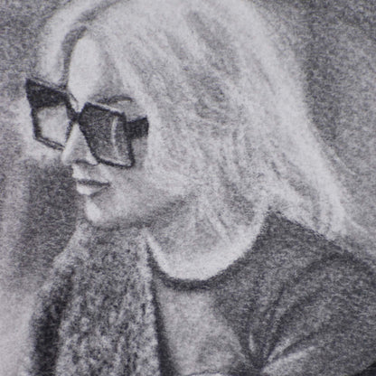 Close-up of a woman with blonde hair wearing sunglasses and a sweater in a Contemporary drawing.
