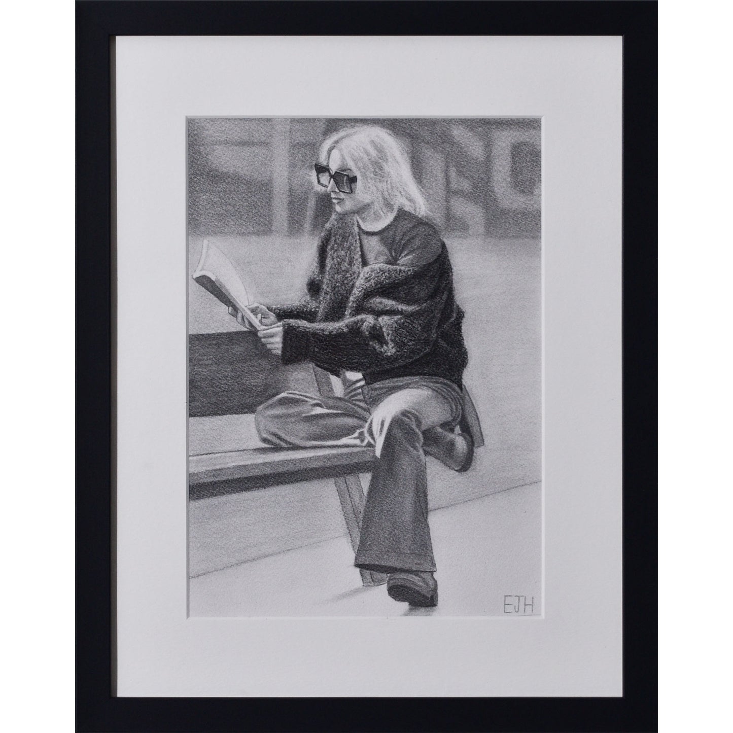 Drawing titled 'The Pages We Choose To Fill', 2025 depicting a person sitting on a bench reading a book.