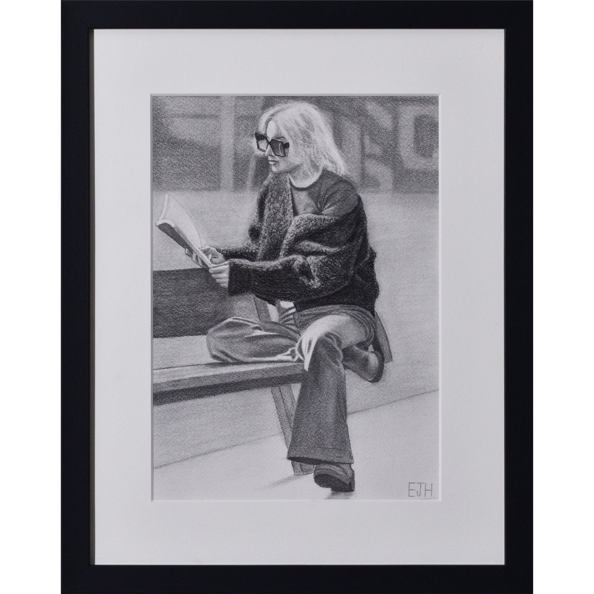 Drawing titled 'The Pages We Choose To Fill', 2025 depicting a person sitting on a bench reading a book.