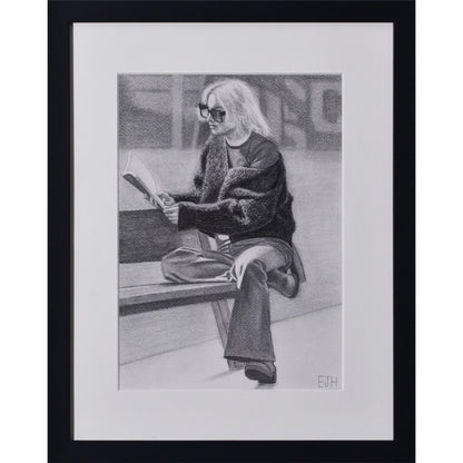 Drawing titled 'The Pages We Choose To Fill', 2025 depicting a person sitting on a bench reading a book.