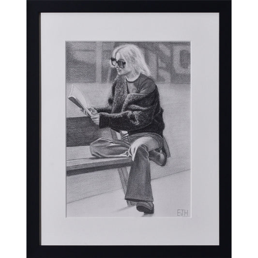 Drawing titled 'The Pages We Choose To Fill', 2025 depicting a person sitting on a bench reading a book.