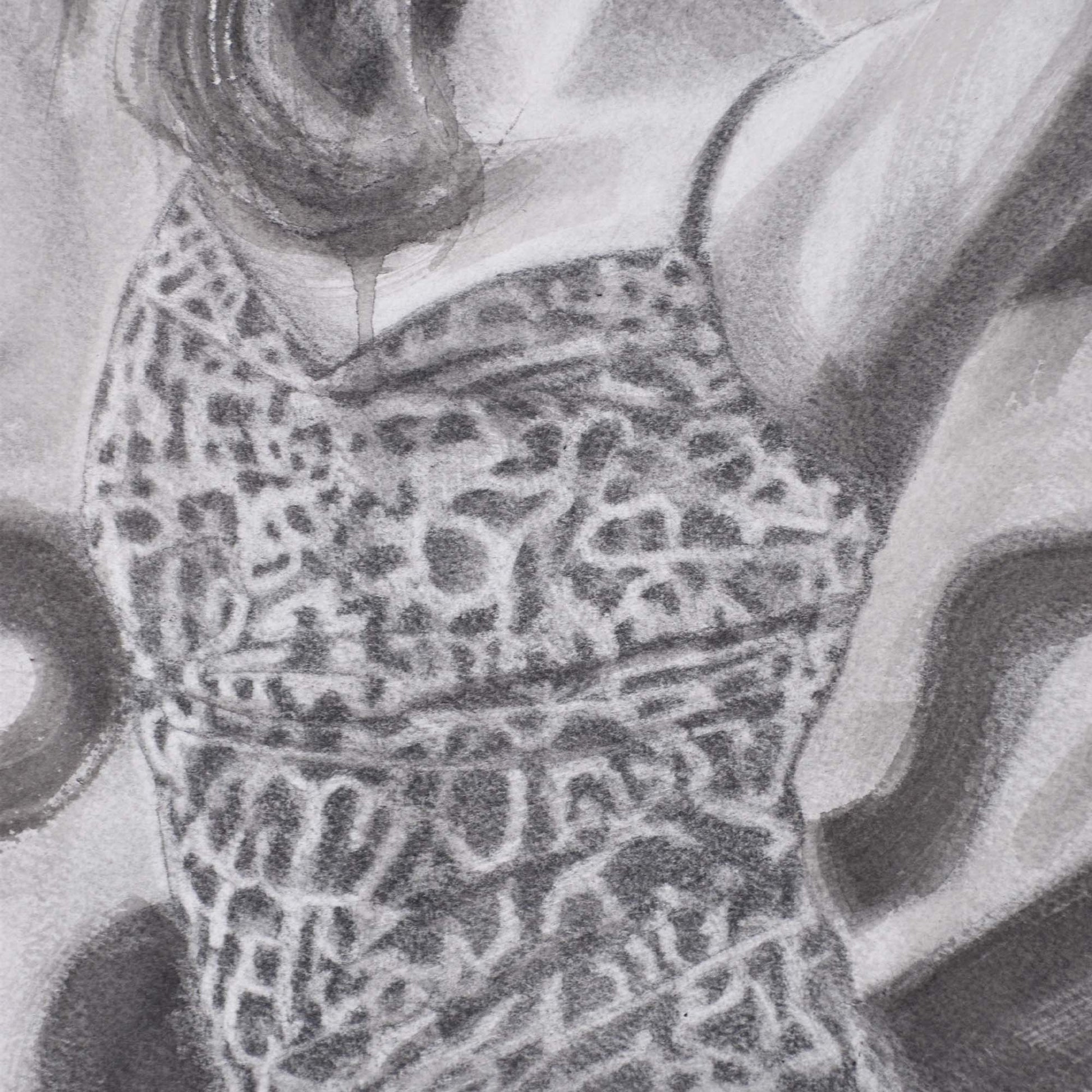 Close-up of woman's leopard print dress in a Contemporary portrait drawing.