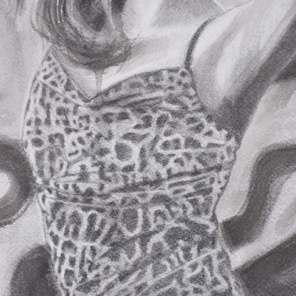 Close-up of woman's leopard print dress in a Contemporary portrait drawing.