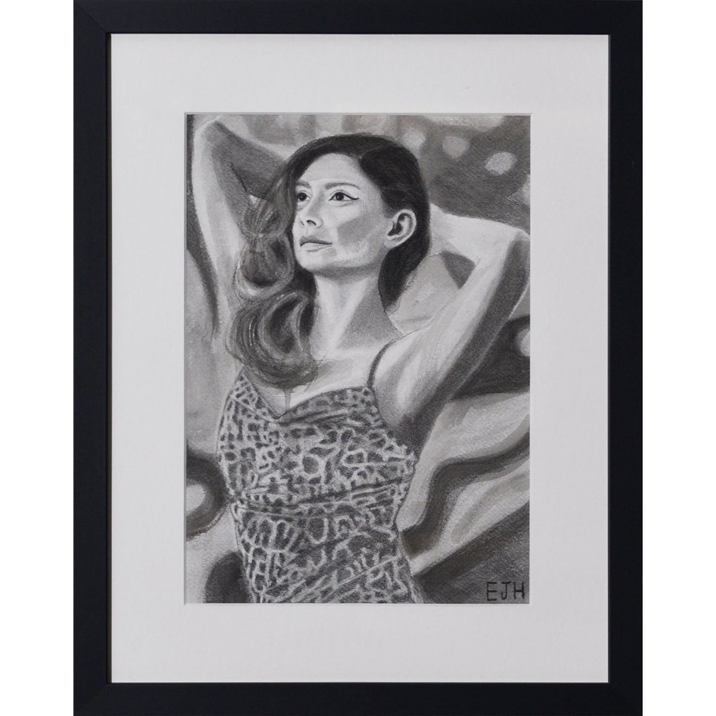 Framed portrait drawing titled 'The Spaces Between Patterns', 2025 depicting a female subject wearing a leopard print dress against an abstract background.