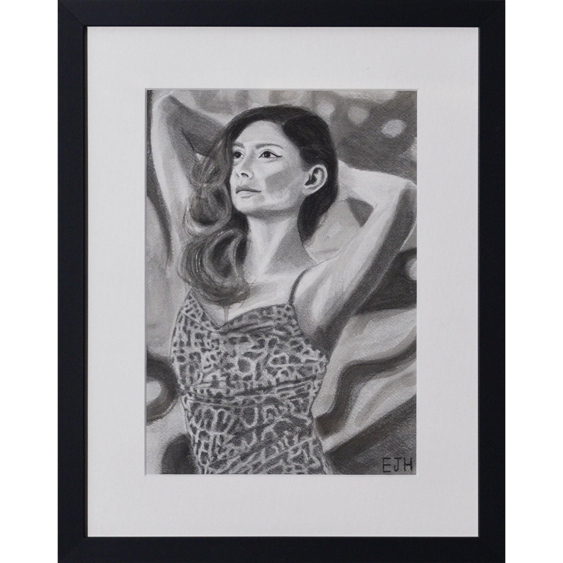 Framed portrait drawing titled 'The Spaces Between Patterns', 2025 depicting a female subject wearing a leopard print dress against an abstract background.