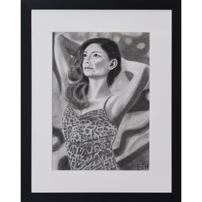 Framed portrait drawing titled 'The Spaces Between Patterns', 2025 depicting a female subject wearing a leopard print dress against an abstract background.