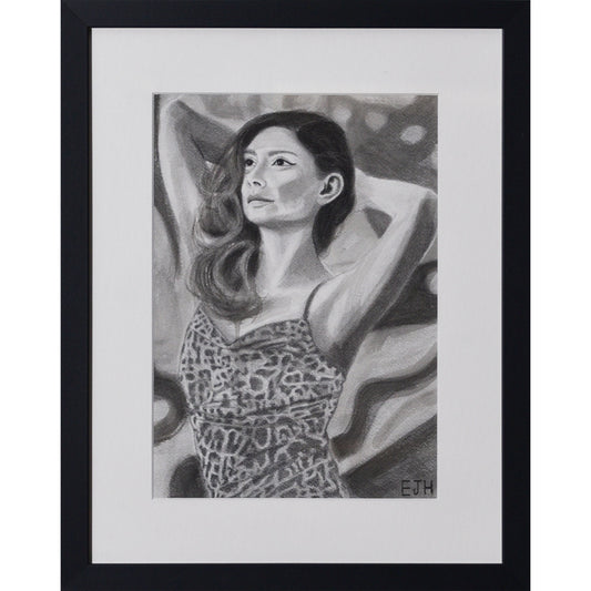 Framed portrait drawing titled 'The Spaces Between Patterns', 2025 depicting a female subject wearing a leopard print dress against an abstract background.