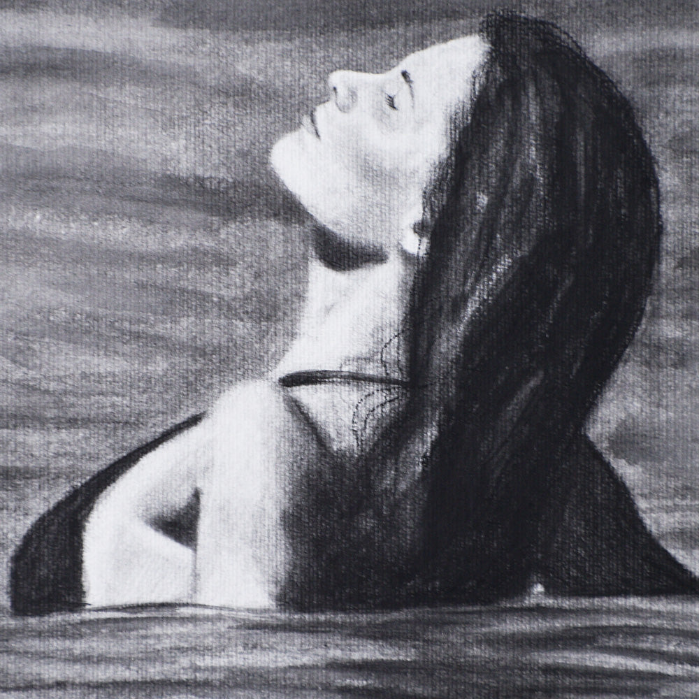 Close-up of woman’s face with a neutral expression in a Contemporary portrait drawing.