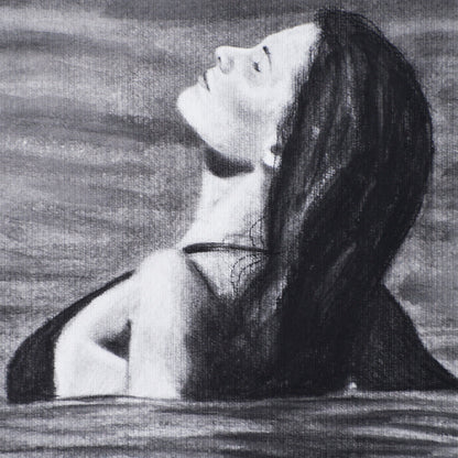 Close-up of woman’s face with a neutral expression in a Contemporary portrait drawing.