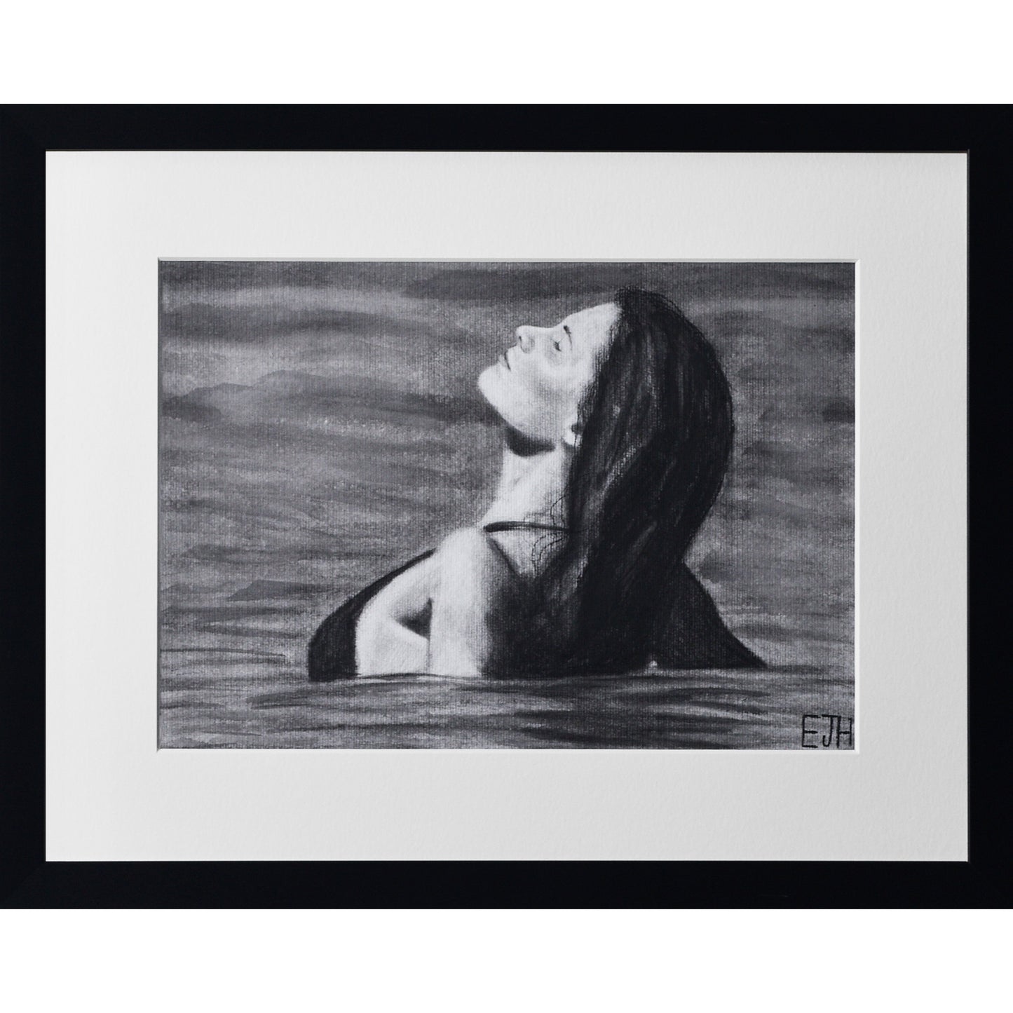 Framed portrait drawing titled 'The Sunbather', 2025 depicting a female subject in the ocean.