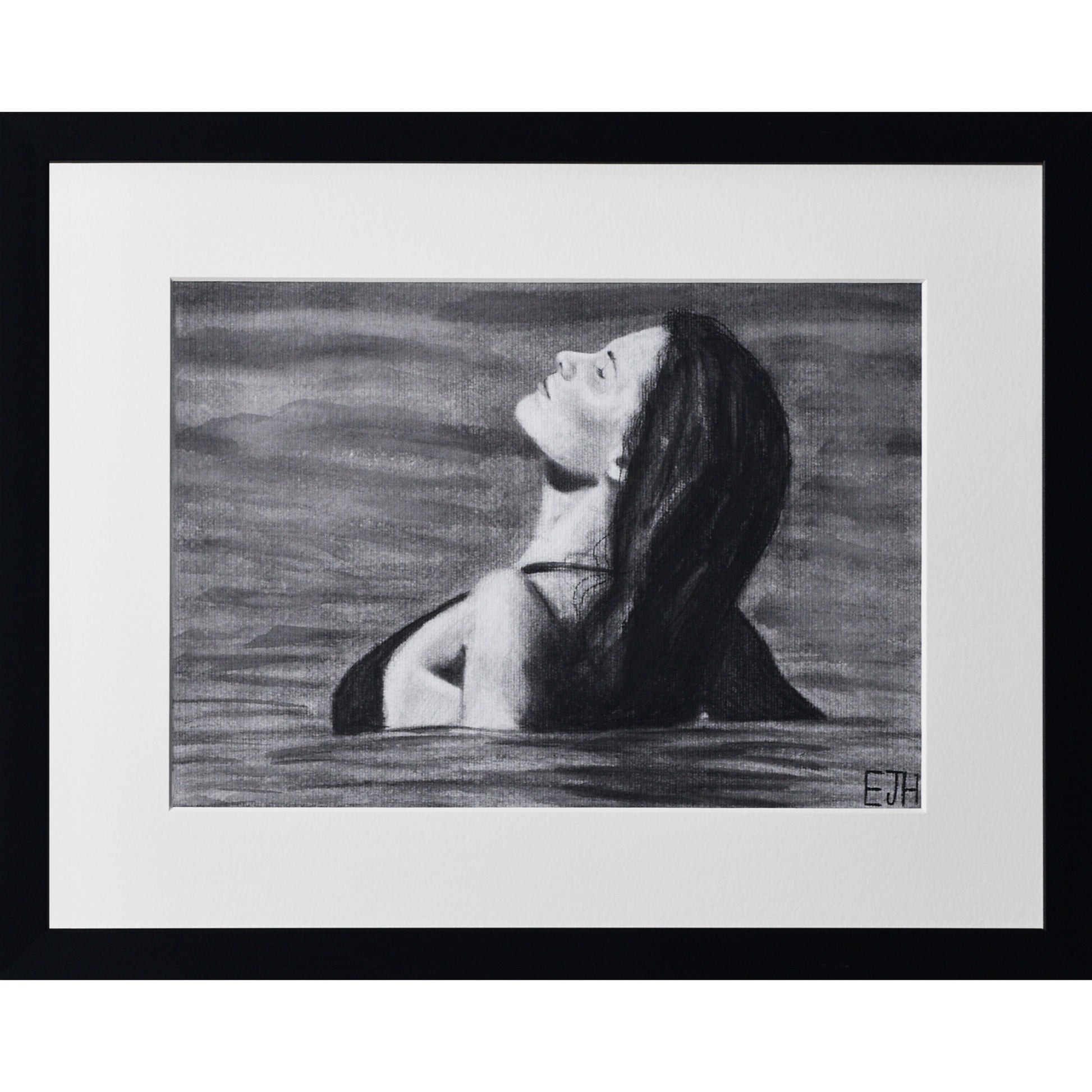 Framed portrait drawing titled 'The Sunbather', 2025 depicting a female subject in the ocean.