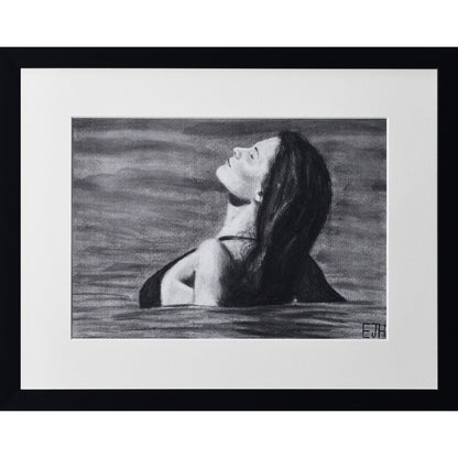 Framed portrait drawing titled 'The Sunbather', 2025 depicting a female subject in the ocean.