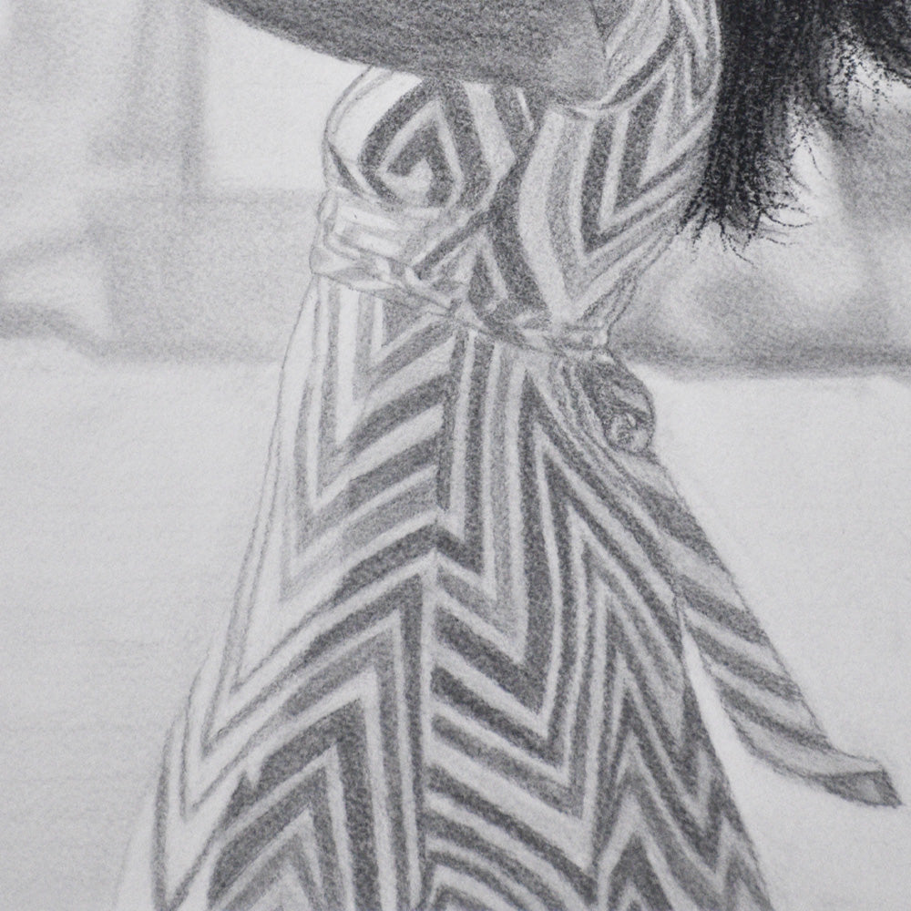 Close-up of woman's zigzag patterned dress in a Contemporary portrait drawing.