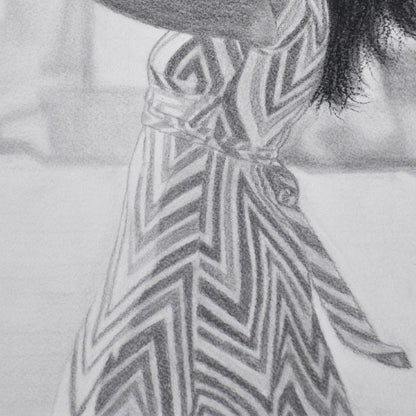 Close-up of woman's zigzag patterned dress in a Contemporary portrait drawing.