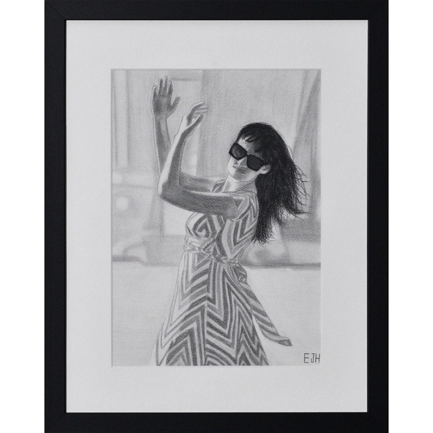 Framed portrait drawing titled 'When The World Prevails We Transform', 2025 depicting a female subject in a patterned zigzag patterned dress and sunglasses.