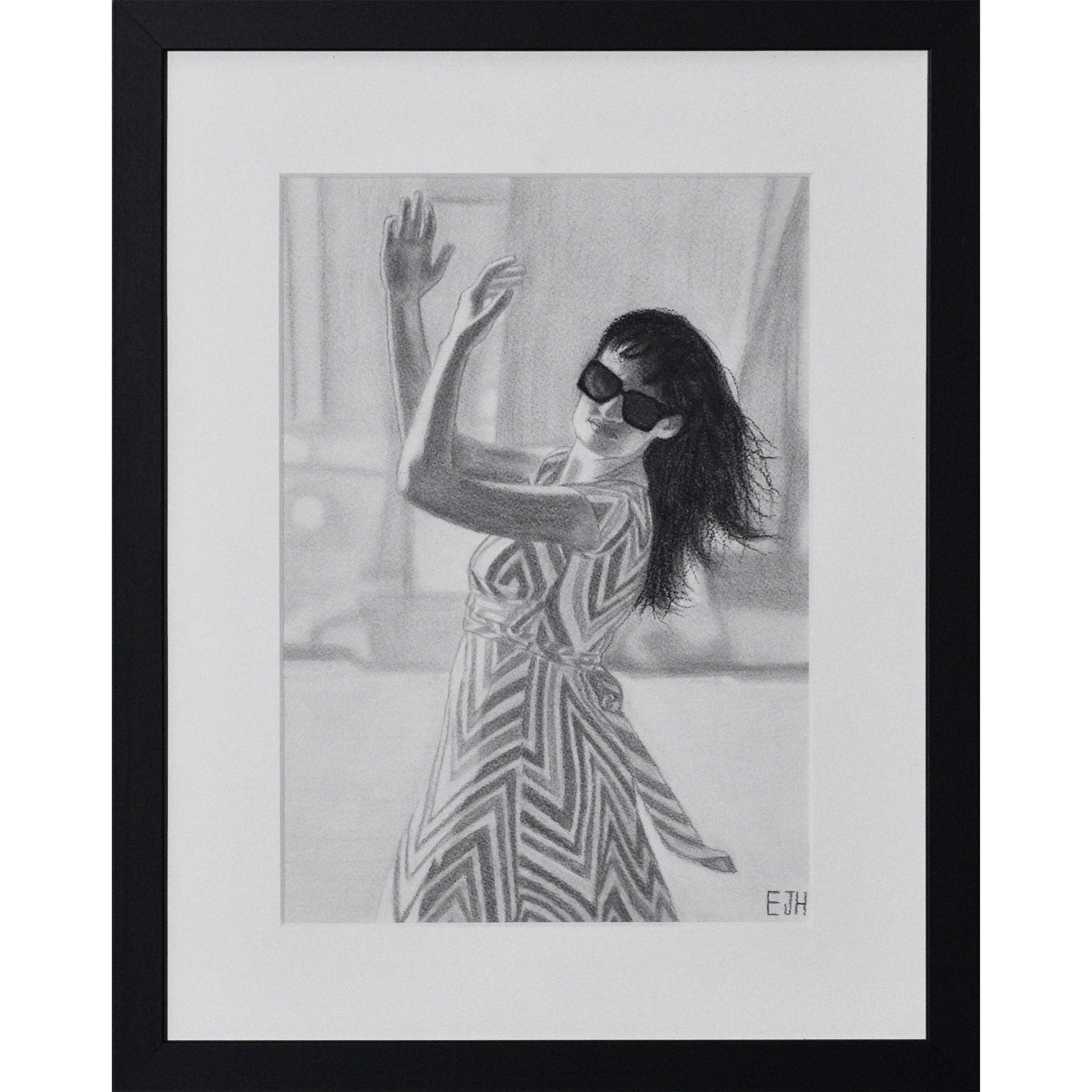 Framed portrait drawing titled 'When The World Prevails We Transform', 2025 depicting a female subject in a patterned zigzag patterned dress and sunglasses.