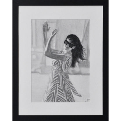 Framed portrait drawing titled 'When The World Prevails We Transform', 2025 depicting a female subject in a patterned zigzag patterned dress and sunglasses.
