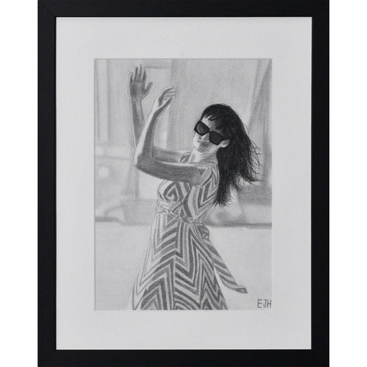 Framed portrait drawing titled 'When The World Prevails We Transform', 2025 depicting a female subject in a patterned zigzag patterned dress and sunglasses.